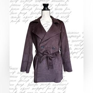 Womens Double-Breasted Suede Trench Coat - Brown